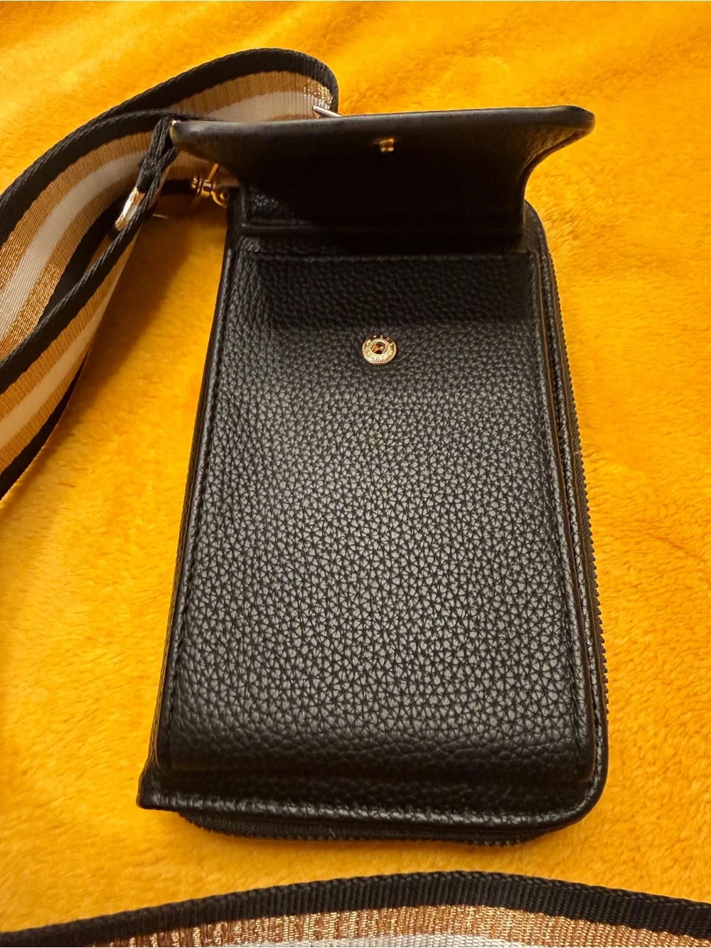 N.D. V.? Black Leather Crossbody Card & Key Holder with Striped Strap